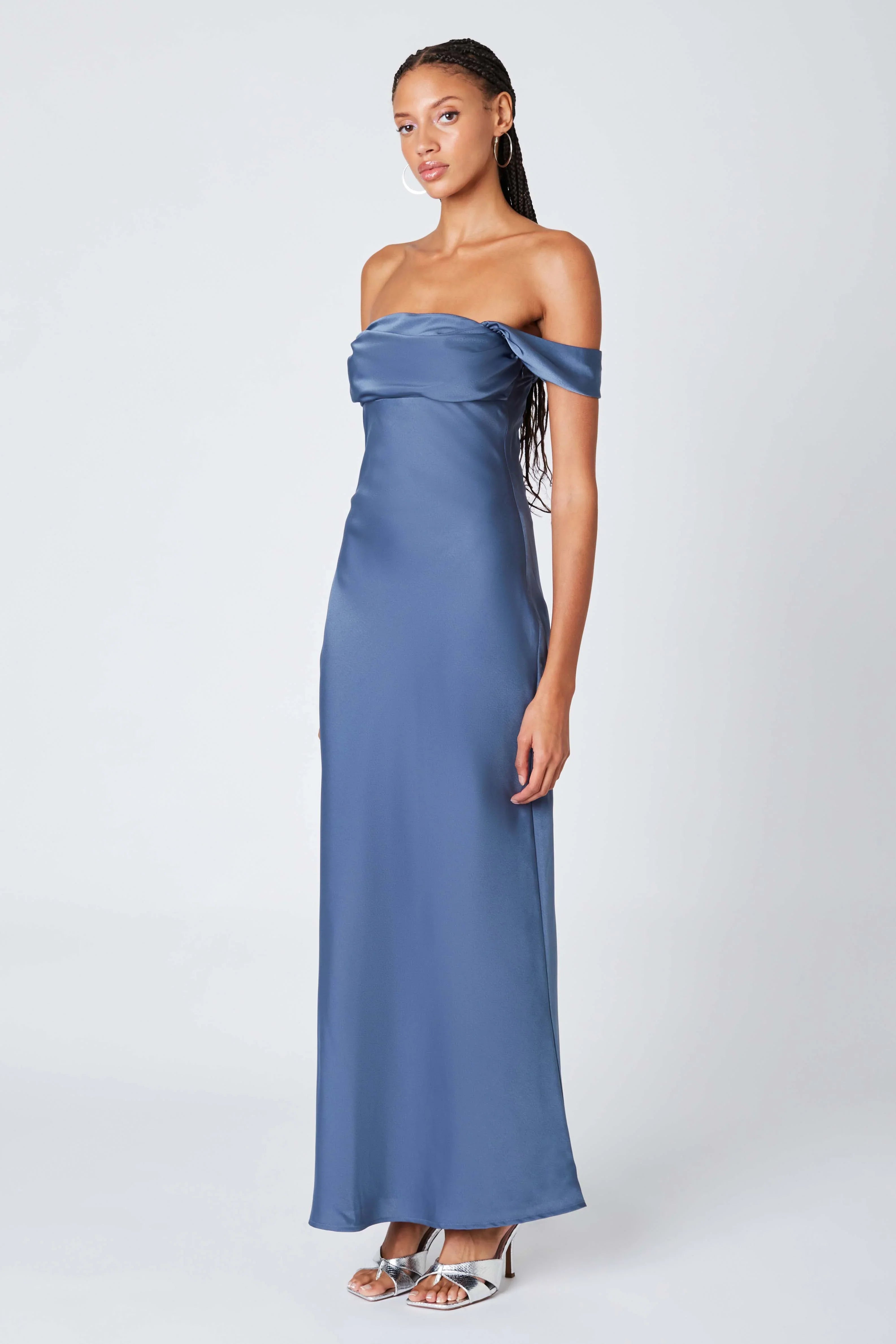 Satin Off the Shoulder Maxi Dress