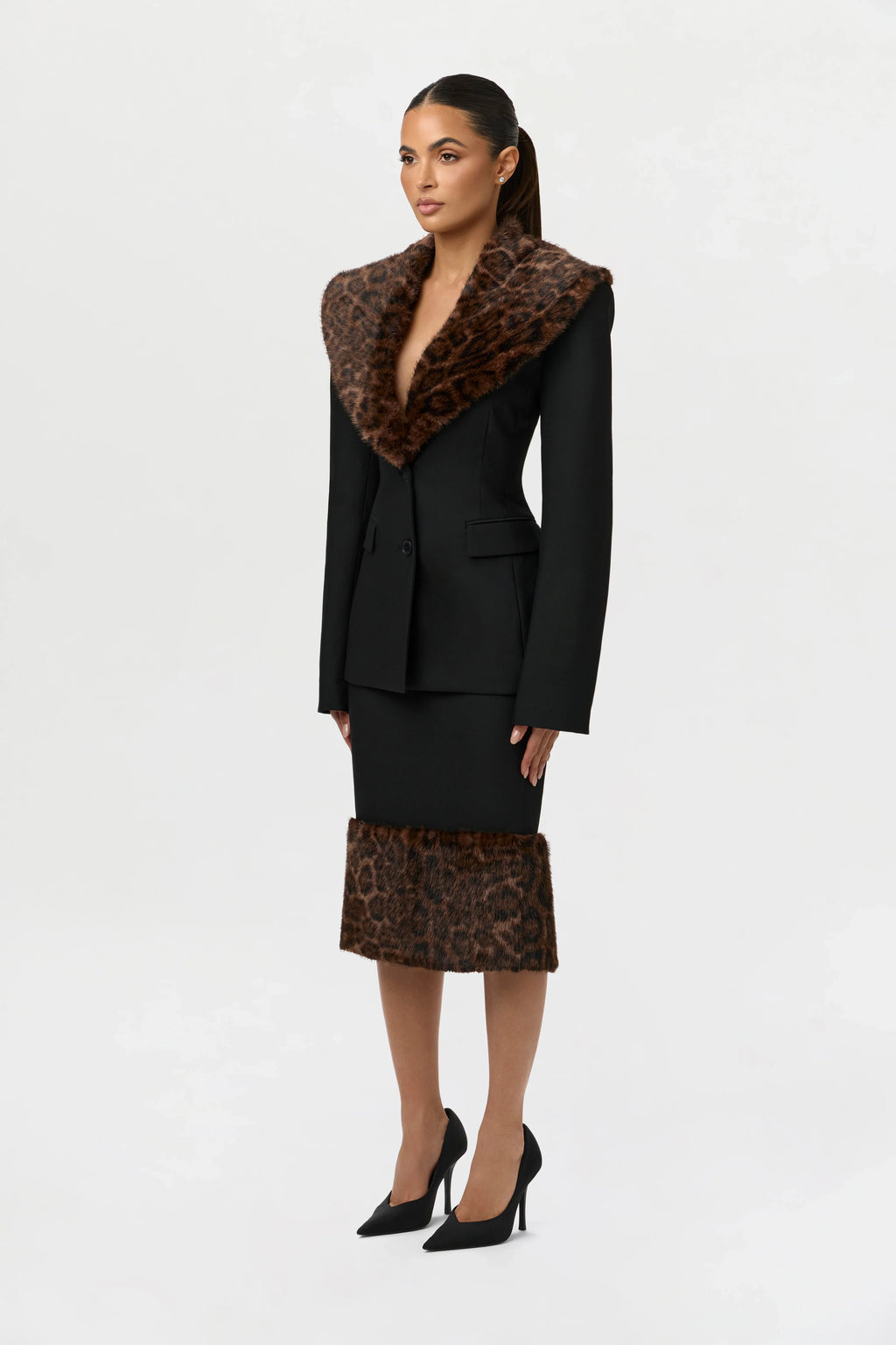 Suiting Faux Fur Leopard Midi Skirt