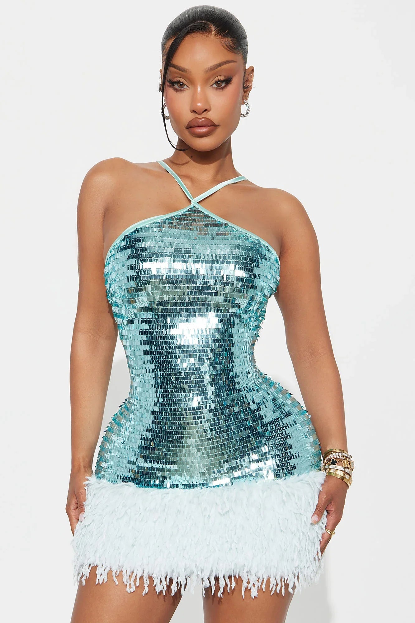 Tatum Feather Sequin Midi Dress - Aqua