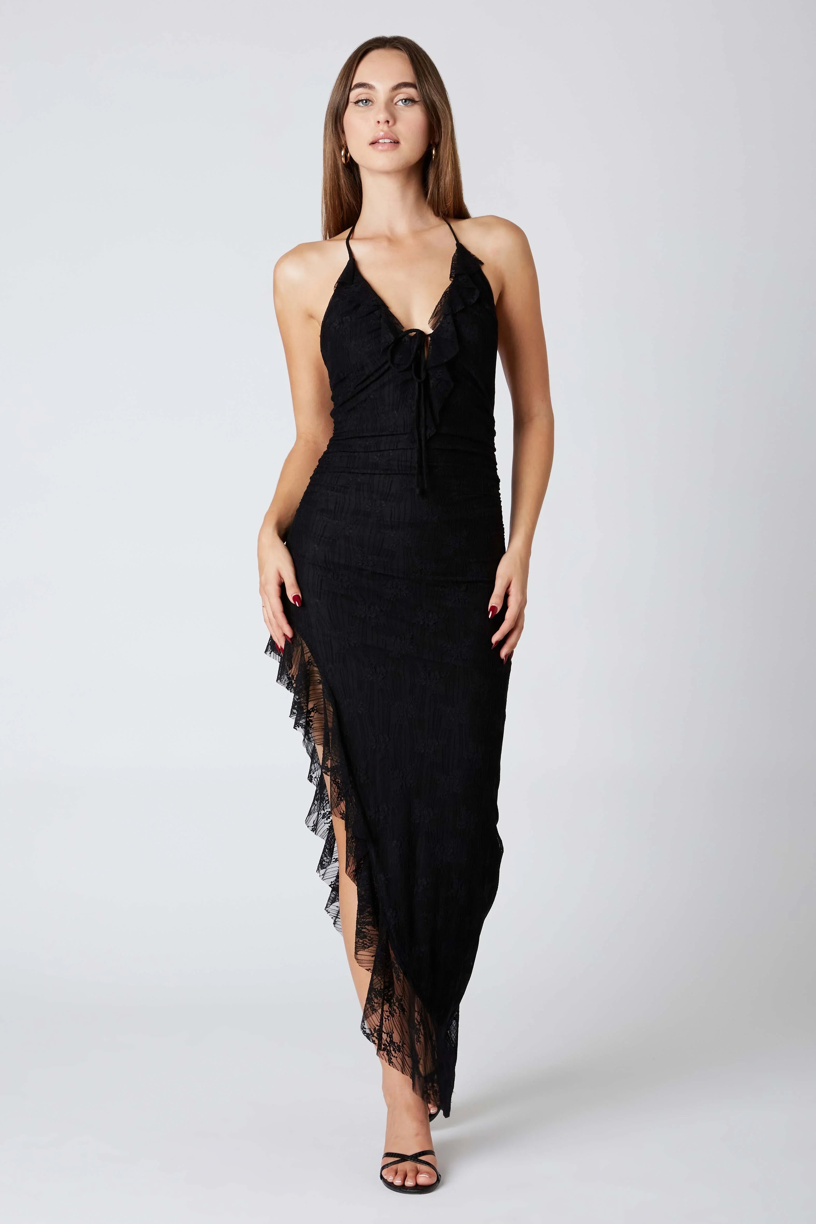 Lace Halter Asymmetrical Midi Dress
