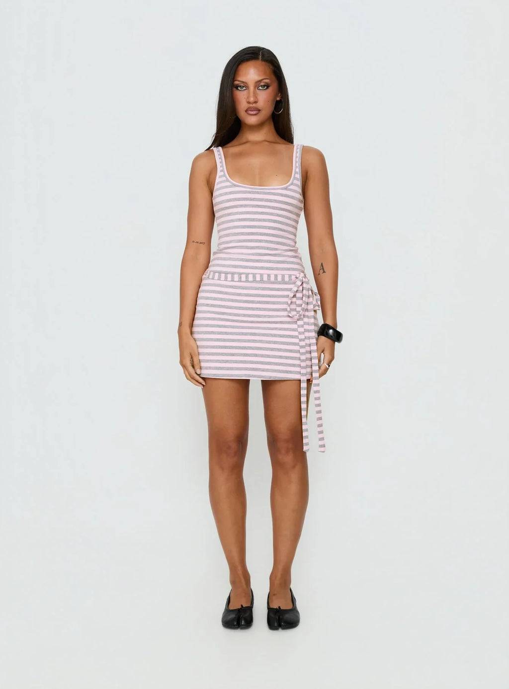 Favourite Daughter Tie Detail Mini Dress Pink / Grey Stripe