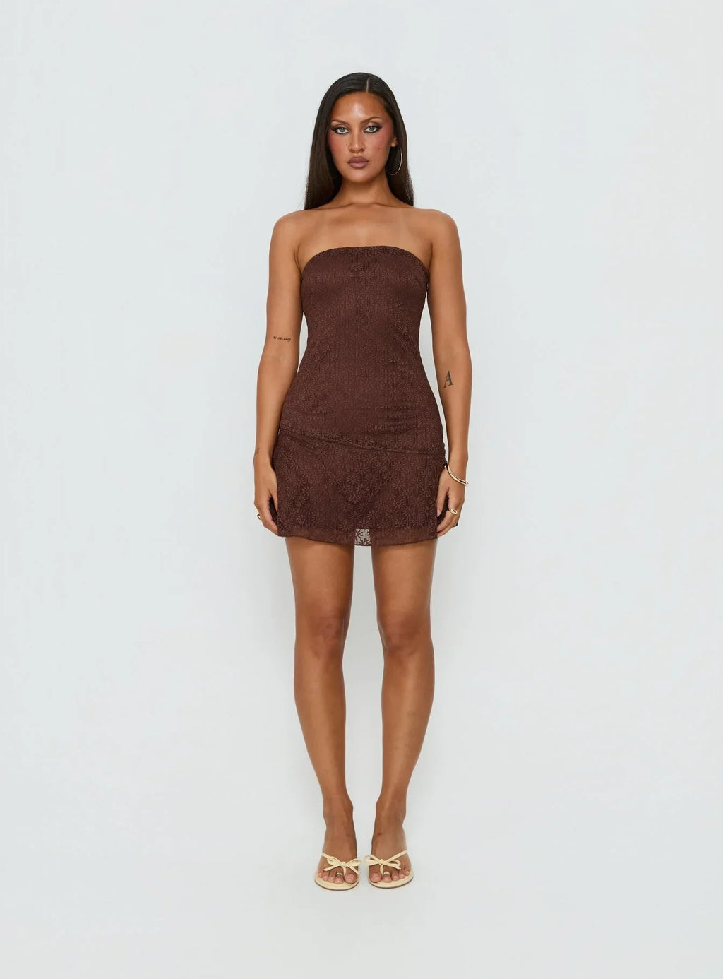 Cavalier Strapless Lace Mini Dress Chocolate