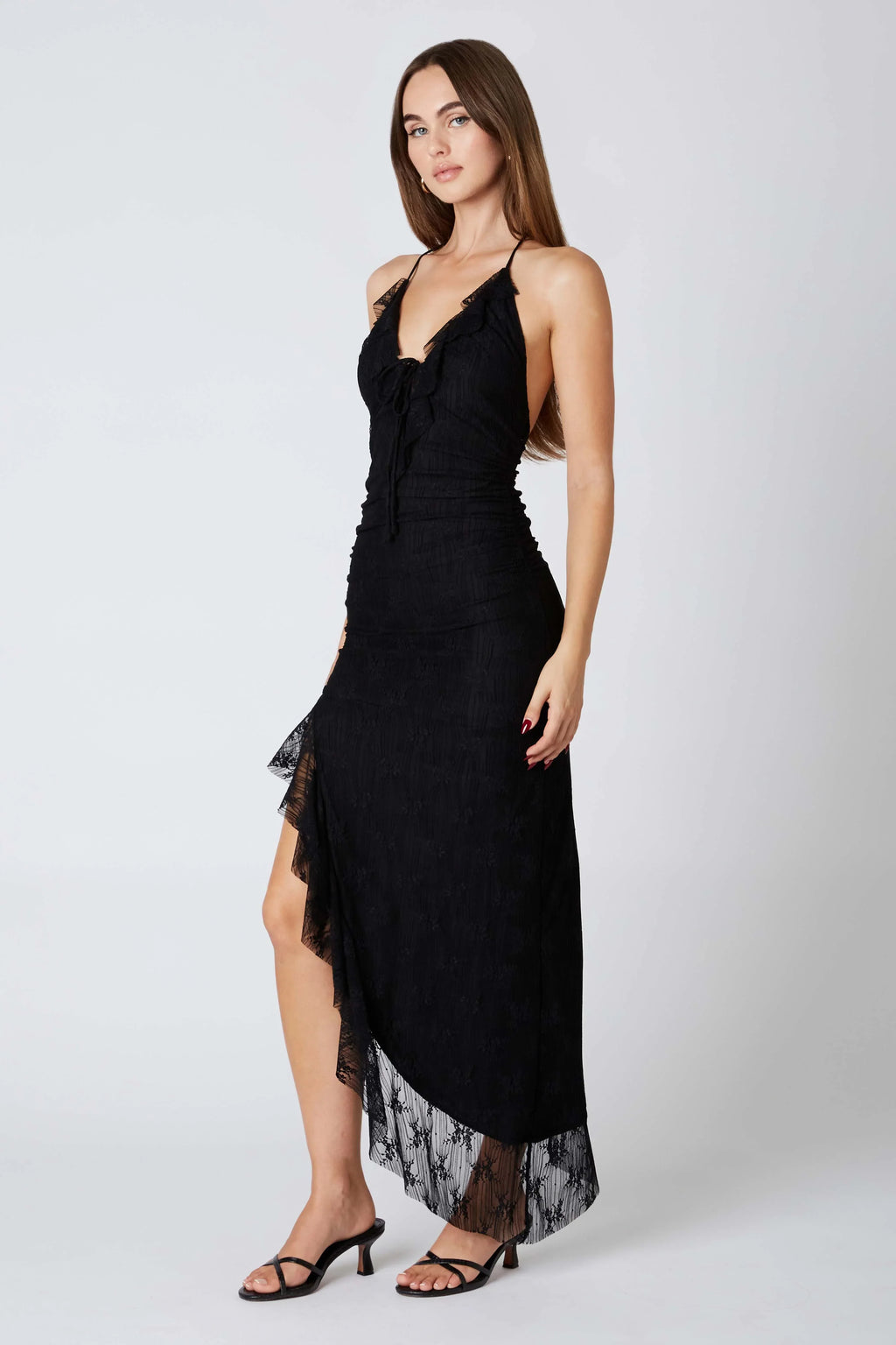 Lace Halter Asymmetrical Midi Dress