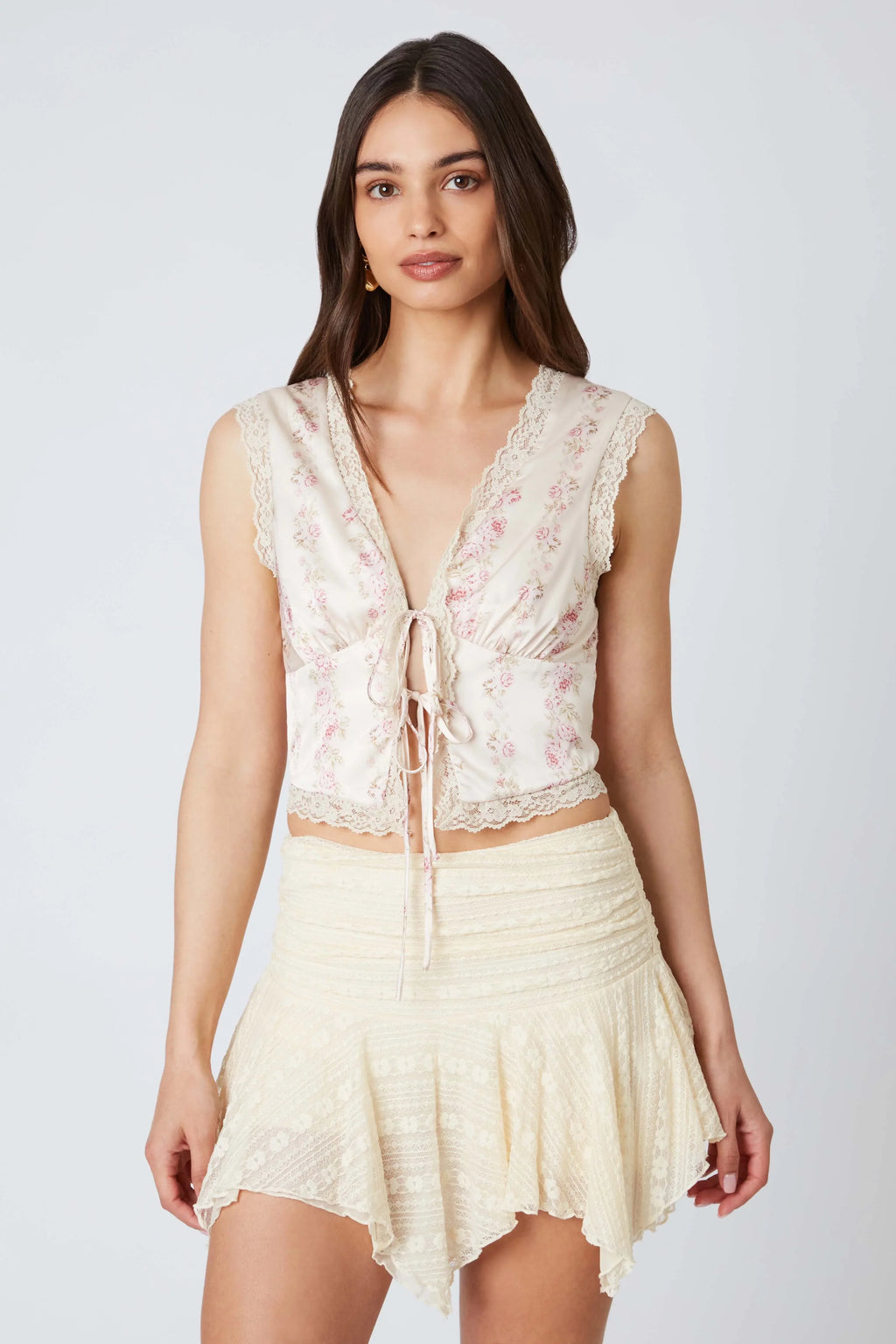 Satin Floral Print Tie Up Top