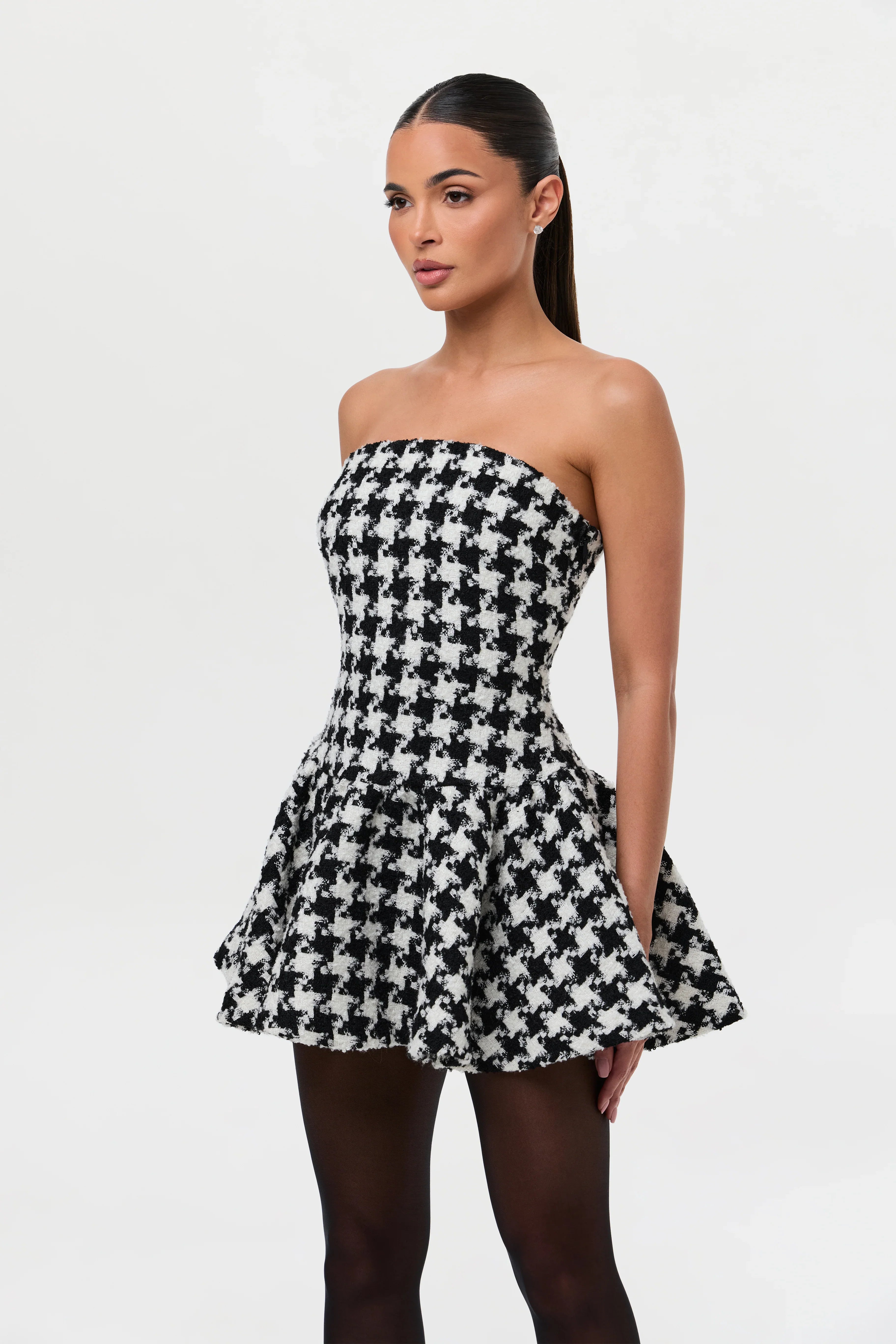Houndstooth Peplum Tube Mini Dress