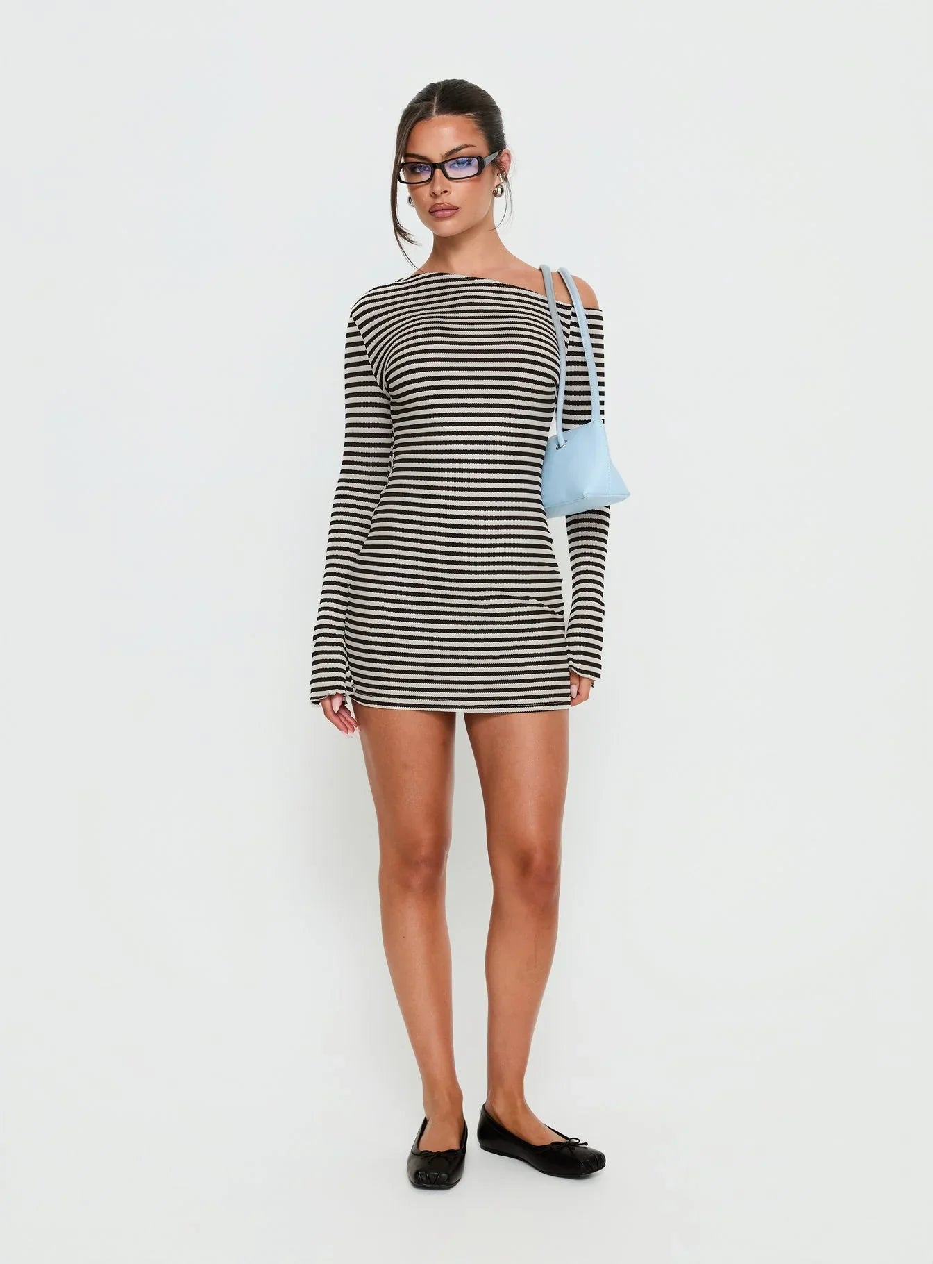 Journi Off Shoulder Long Sleeve Mini Dress Black / White Stripe