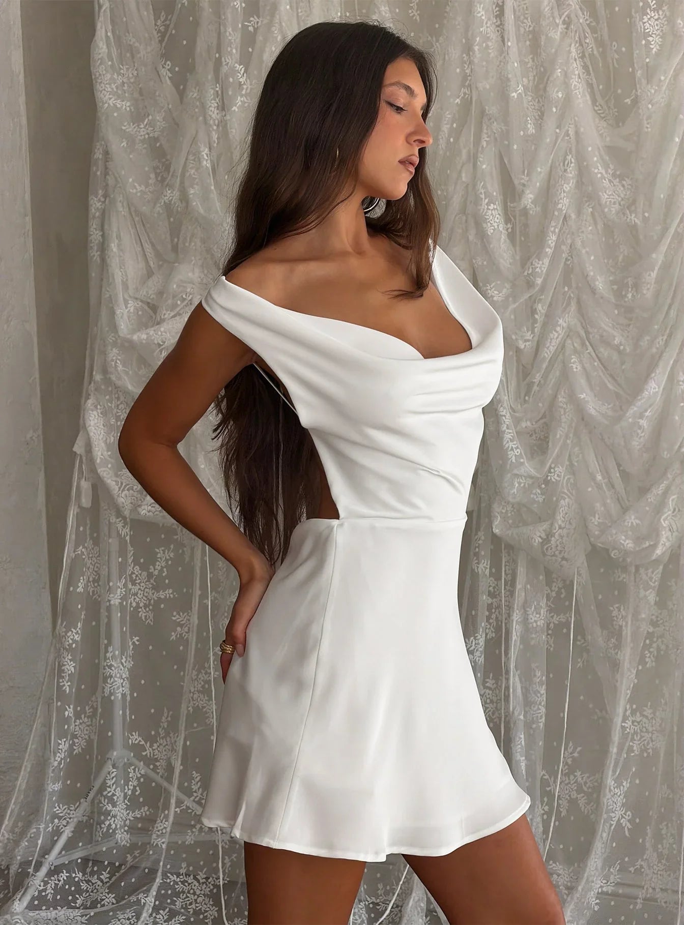 Rozalinda Halter Plunge Mini Dress White