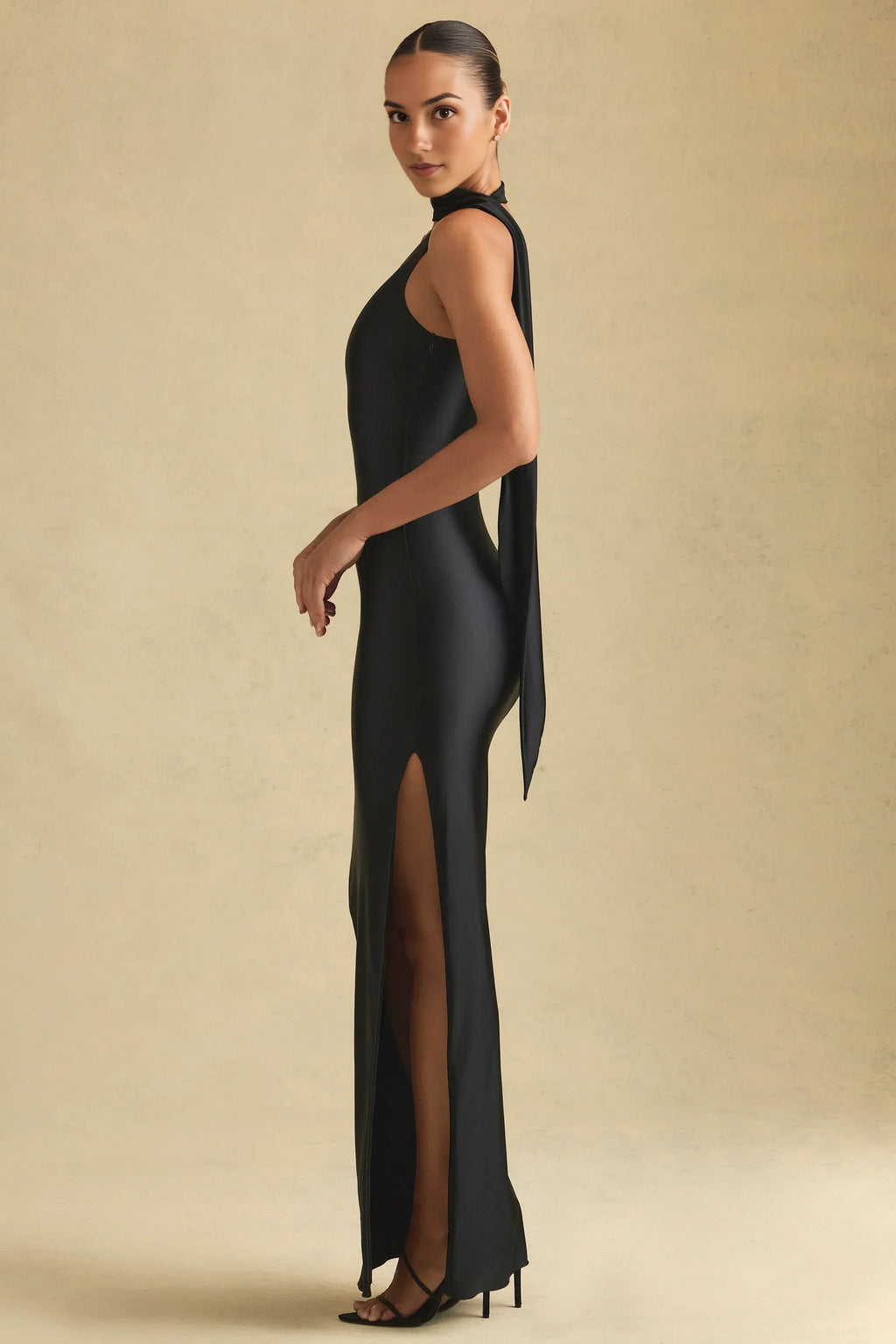 Kateproms Asymmetric Scarf-Detail Maxi Dress in Black