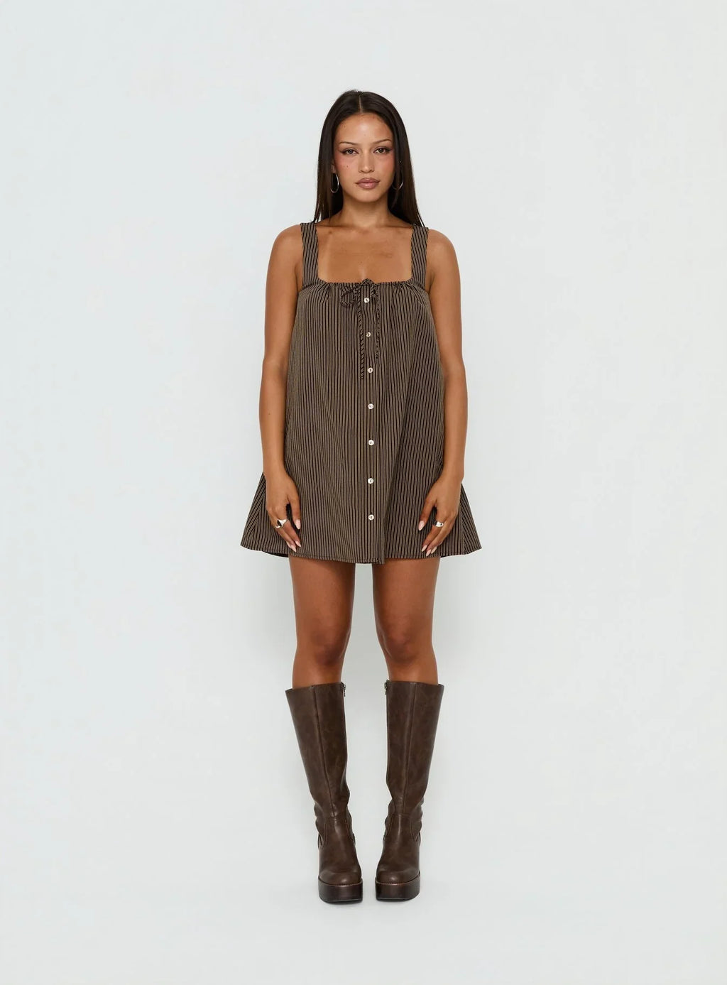 Bambalina Babydoll Mini Dress Brown Stripe