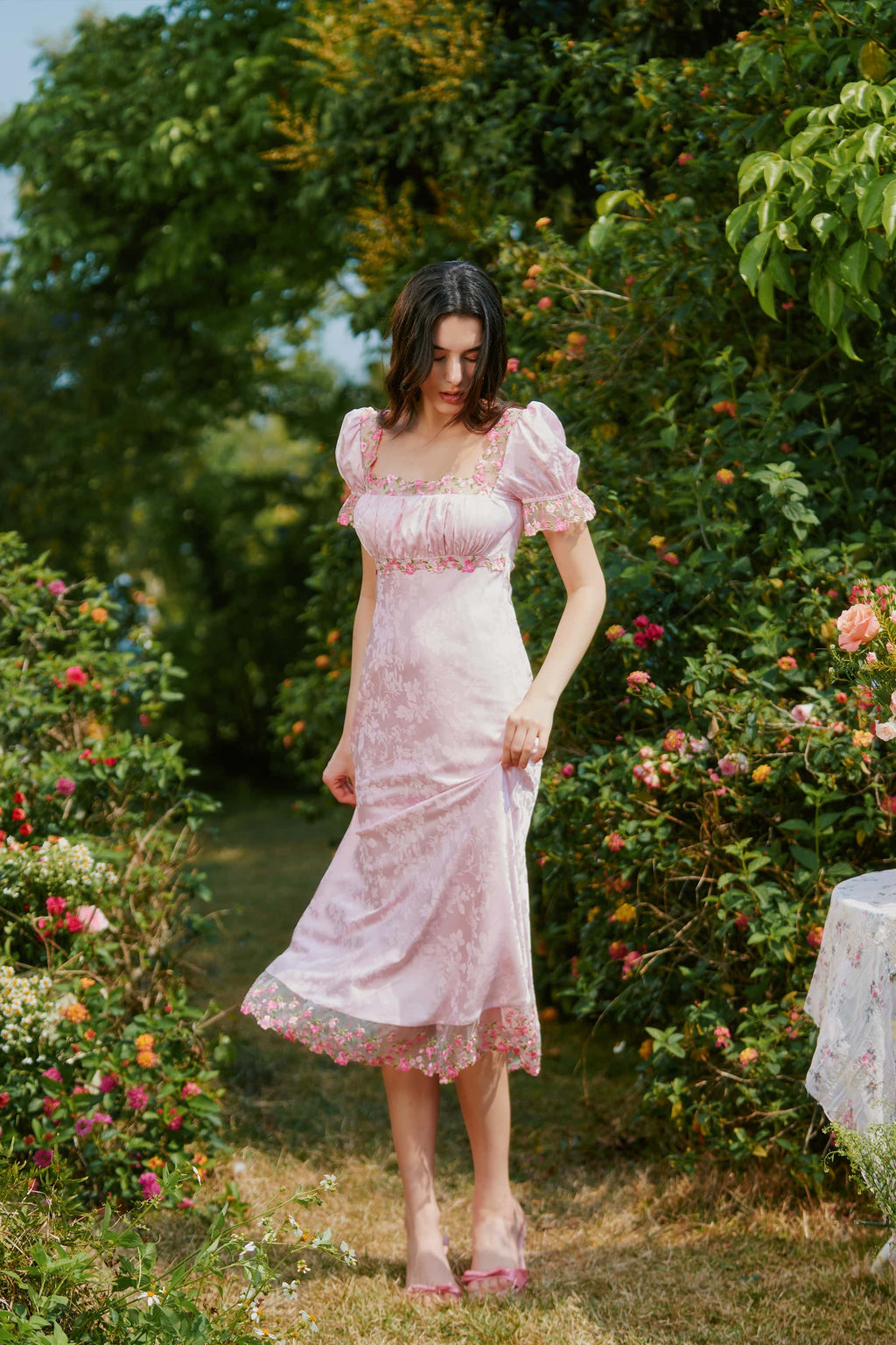 Delphine Jacquard Satin Lace Midi Dress
