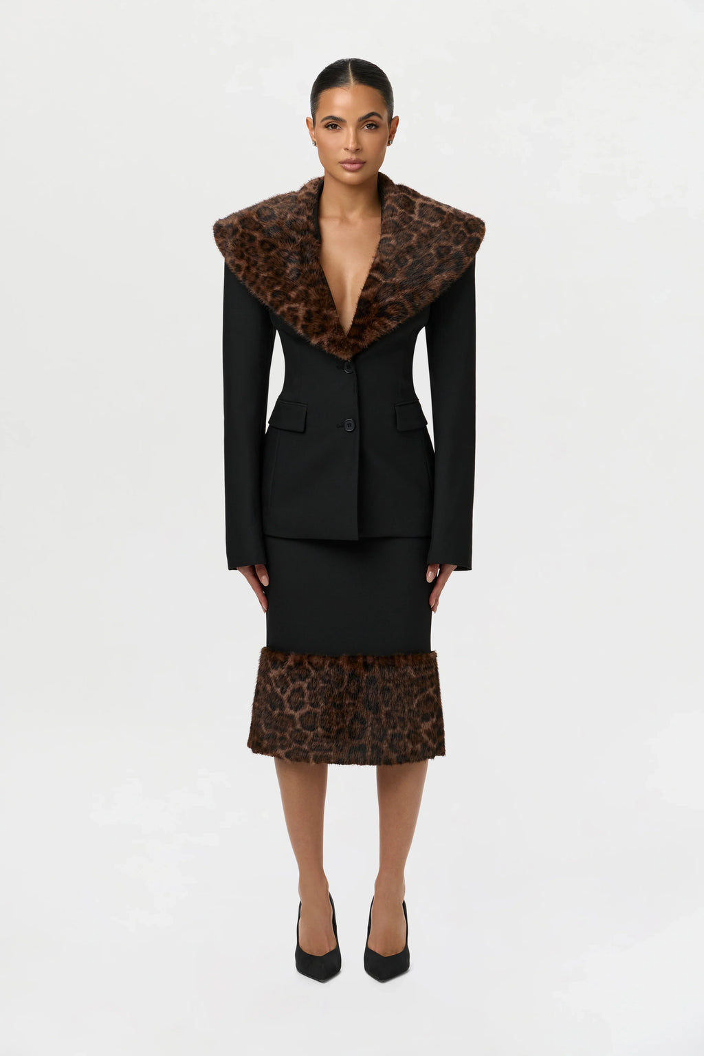 Suiting Faux Fur Leopard Midi Skirt