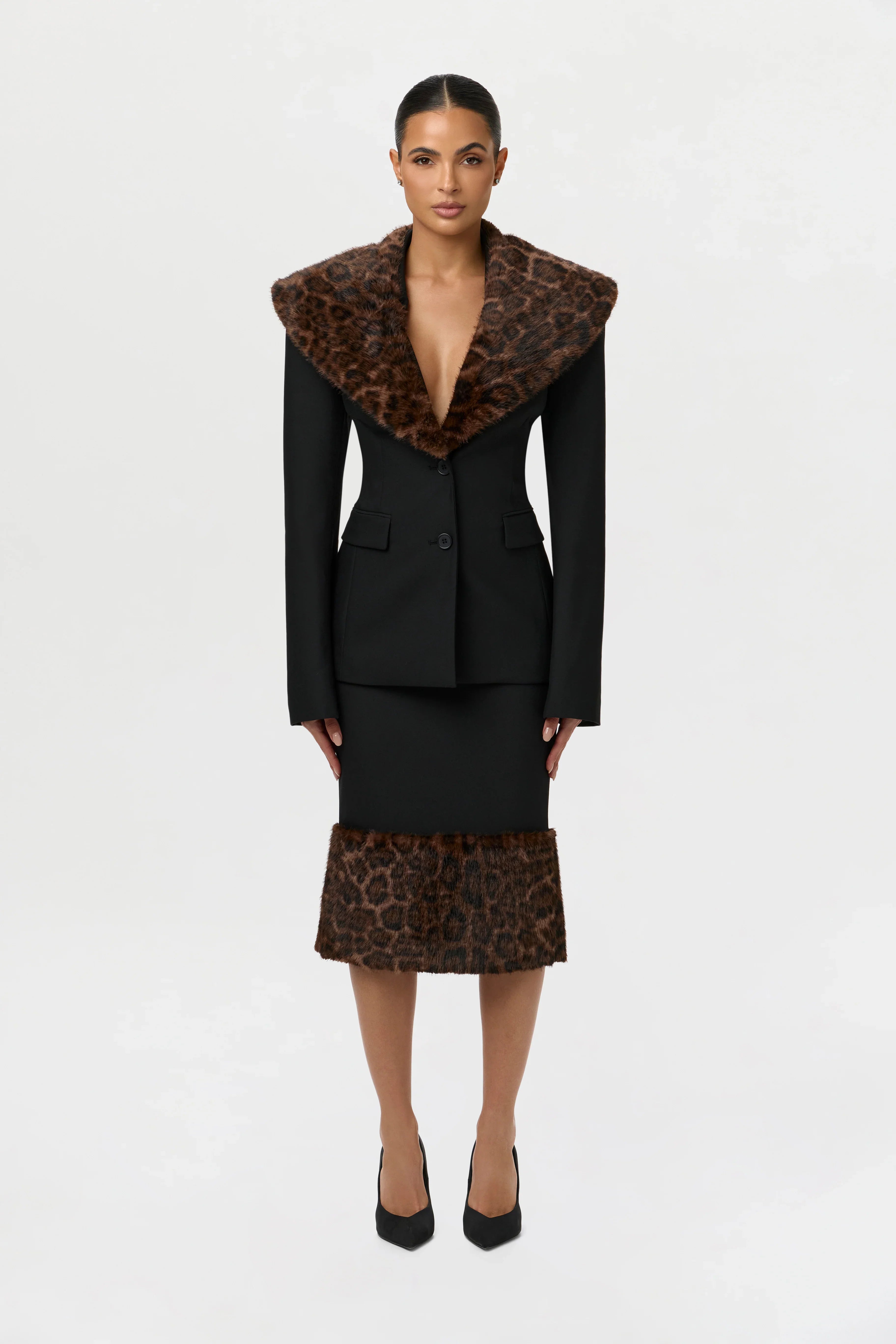 Suiting Faux Fur Leopard Midi Skirt