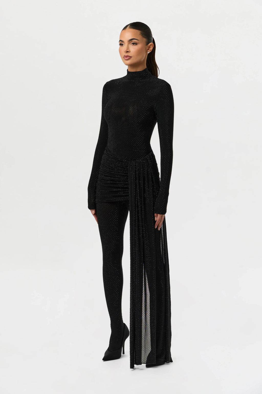 Crystal Ruched Drape Mini Skirt