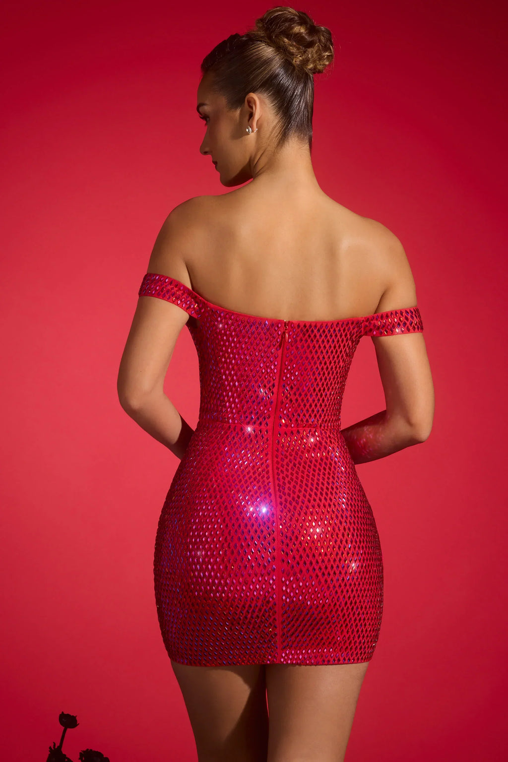 Embellished Off-Shoulder Mini Dress in Crimson Red
