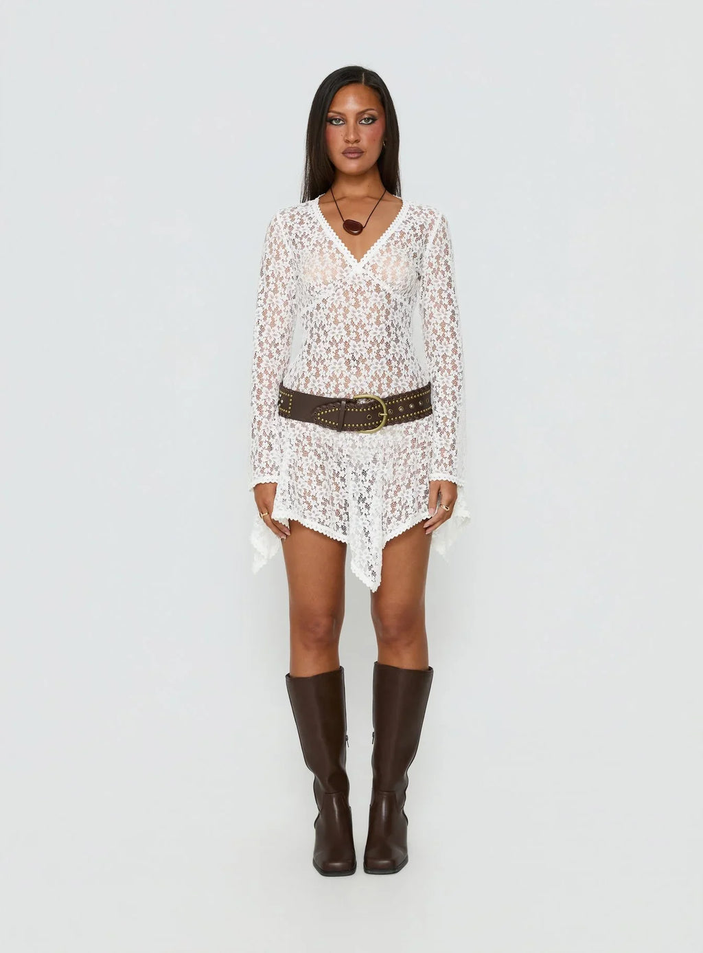 Somanie Long Sleeve Lace Mini Dress White