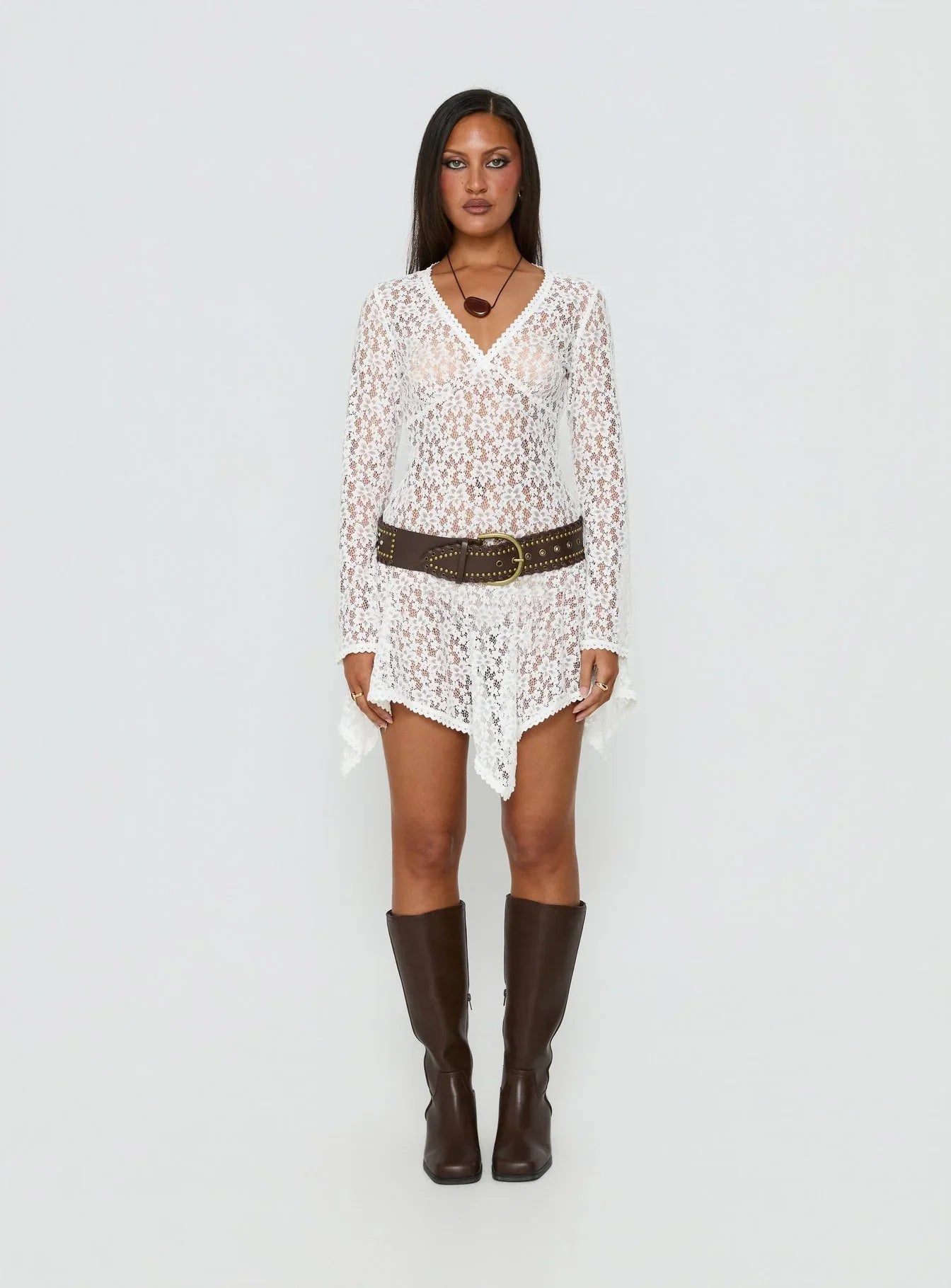 Somanie Long Sleeve Lace Mini Dress White