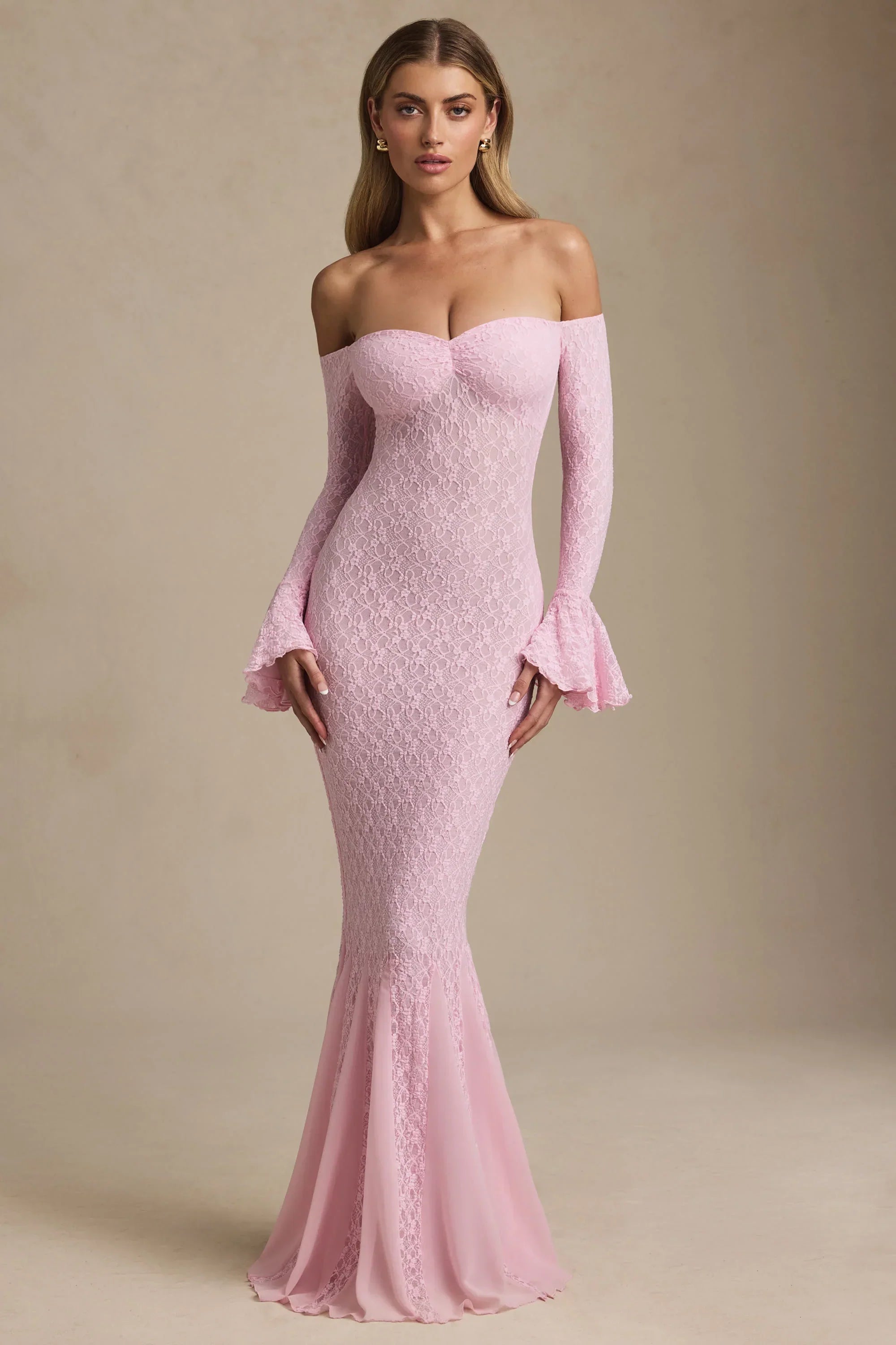 Off-Shoulder Ruffle Lace Maxi Dress in Soft Pink