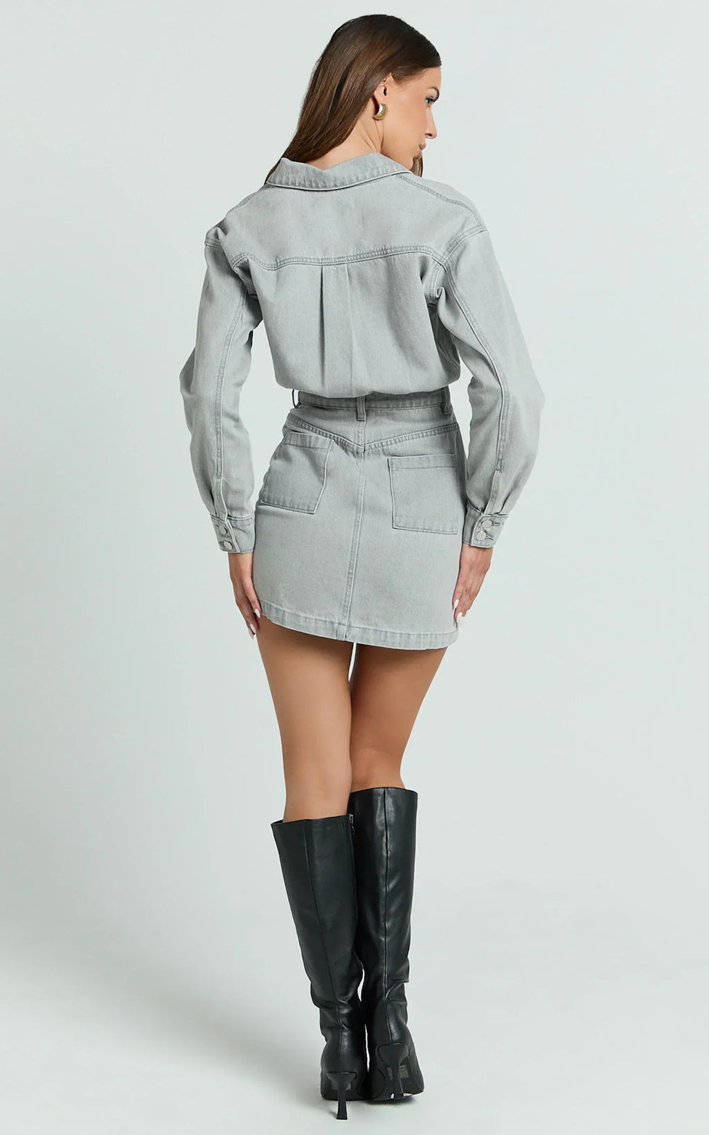 Kamala Mini Dress - Long Sleeve Button Through Denim Dress in Grey