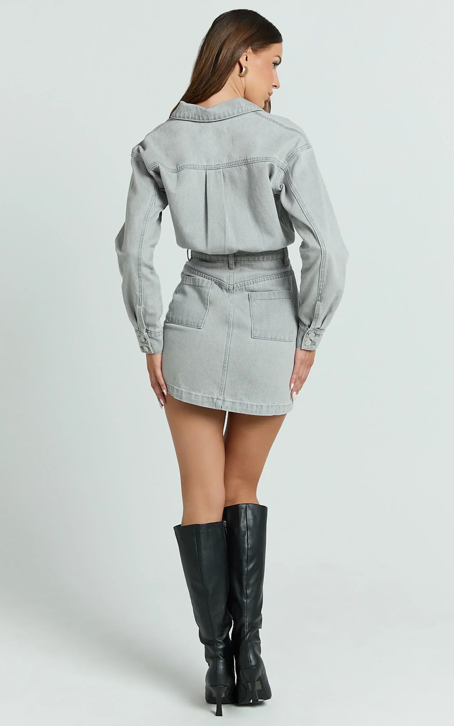 Kamala Mini Dress - Long Sleeve Button Through Denim Dress in Grey