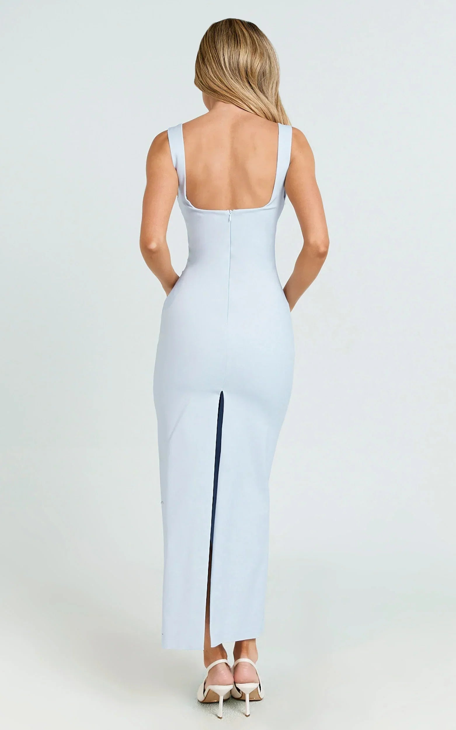 Benita Midi Dress - Scoop Neck Ruched Fitted Dress in Blue