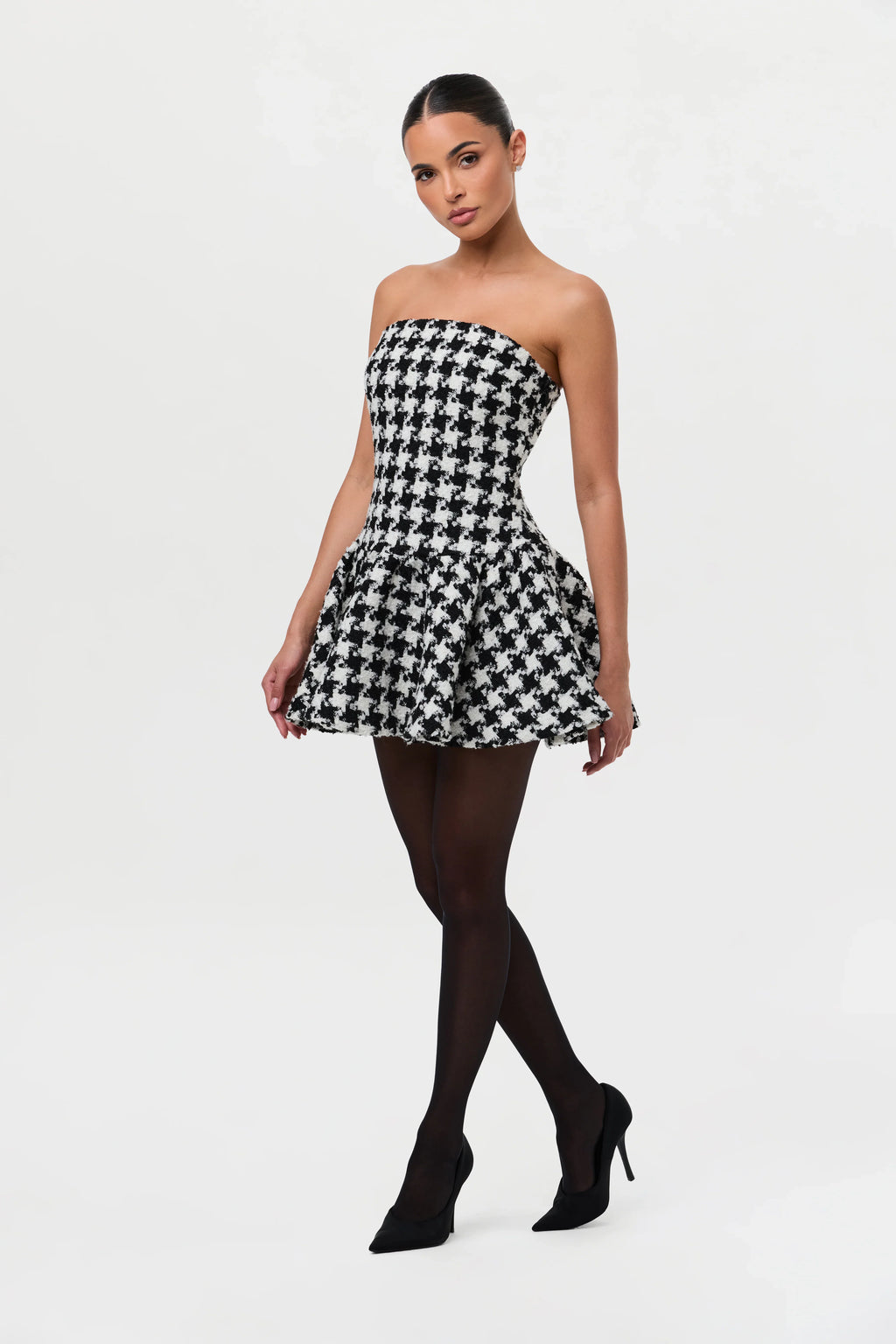 Houndstooth Peplum Tube Mini Dress