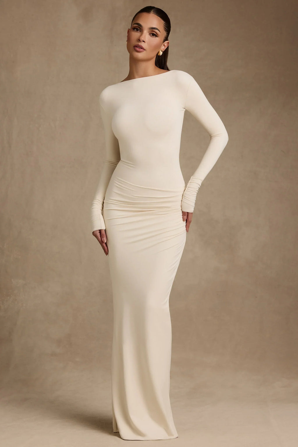 Modal Ruched Backless Maxi Dress in Ivory