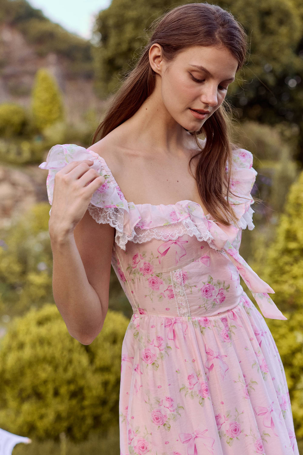 Anya Tecel Lace Floral Midi Dress in Pink