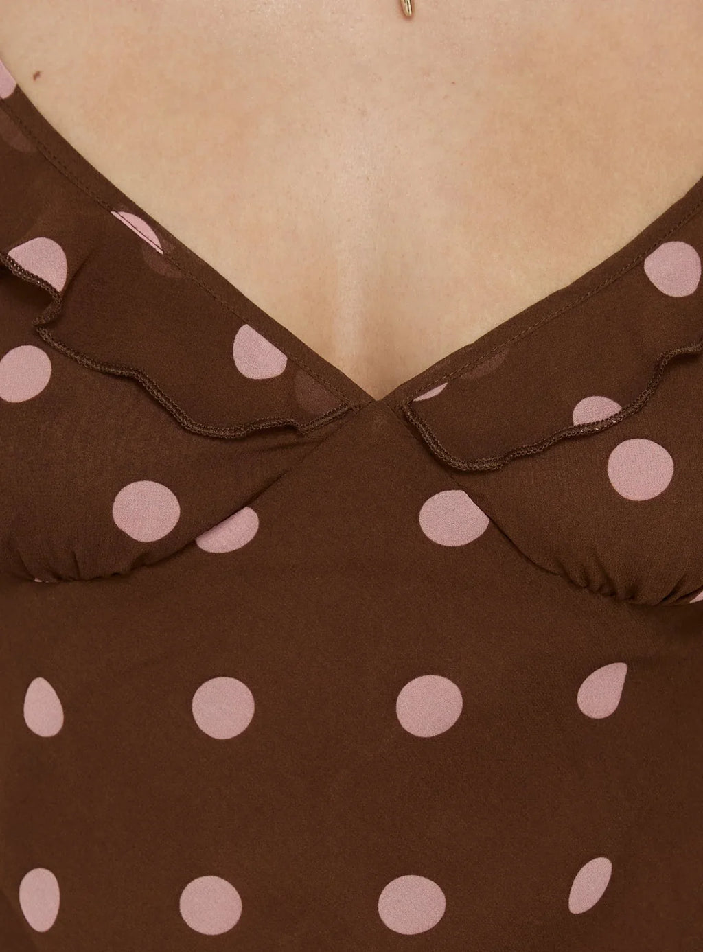 Lozie Frill V Neck Mini Dress Brown Polka Dot