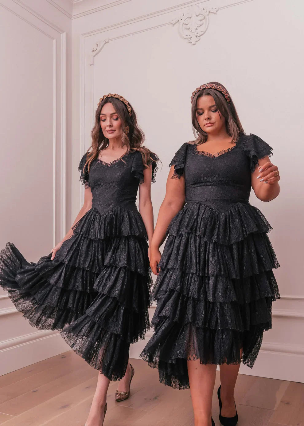 Romantic Ruffle Tiered Lace Midi Dress – Burgundy / Apricot / Black