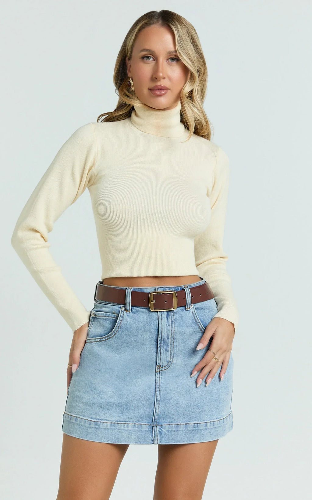 Natalie Top - Long Sleeve Roll Neck Knitted Top in Cream