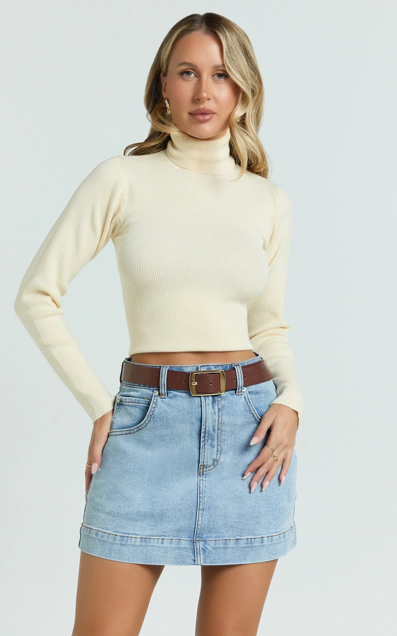 Natalie Top - Long Sleeve Roll Neck Knitted Top in Cream