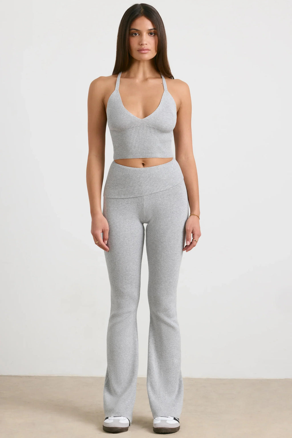 Chunky Knit Kick Flare Trousers in Heather Grey