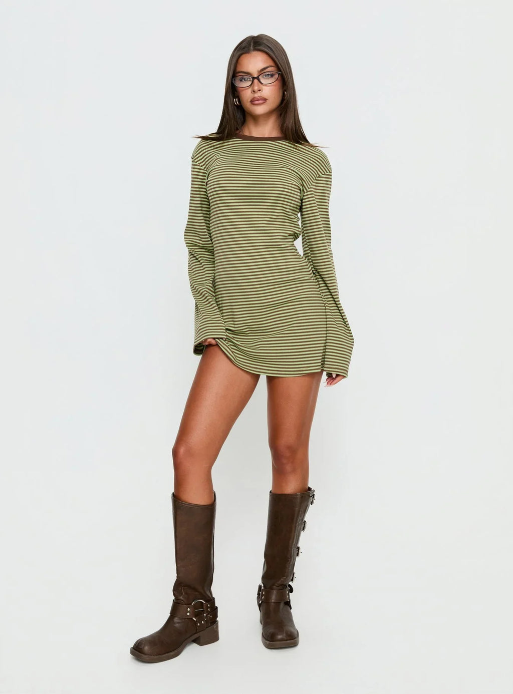 Lulolah Long Sleeve Mini Dress Green / Chocolate Stripe