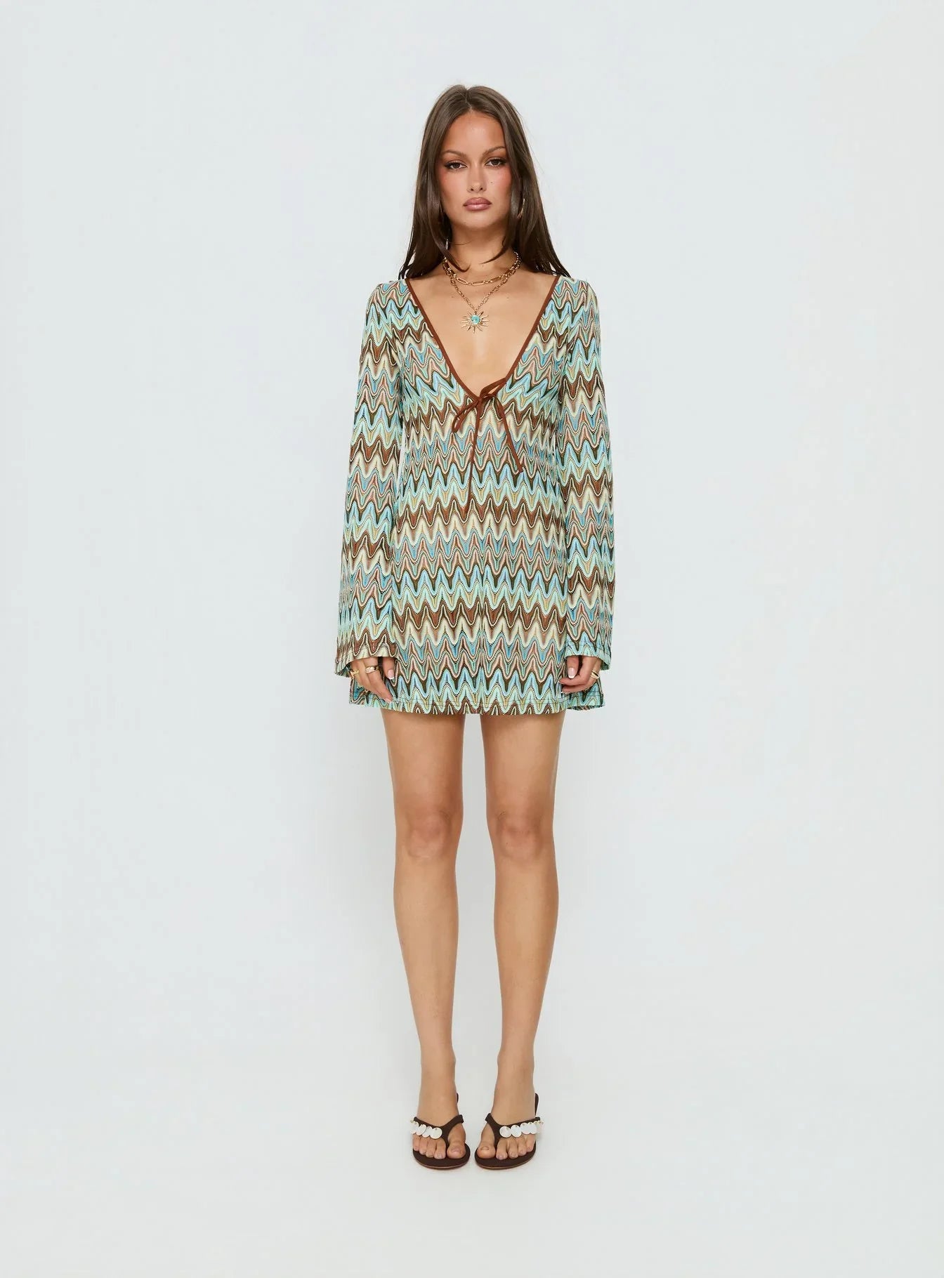 Rizario Long Sleeve Crochet Mini Dress Blue Multi