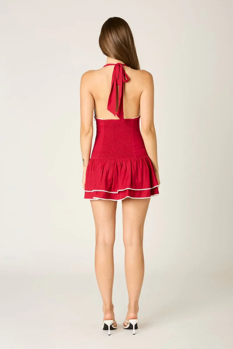 Contrast Trim Halter Mini Dress