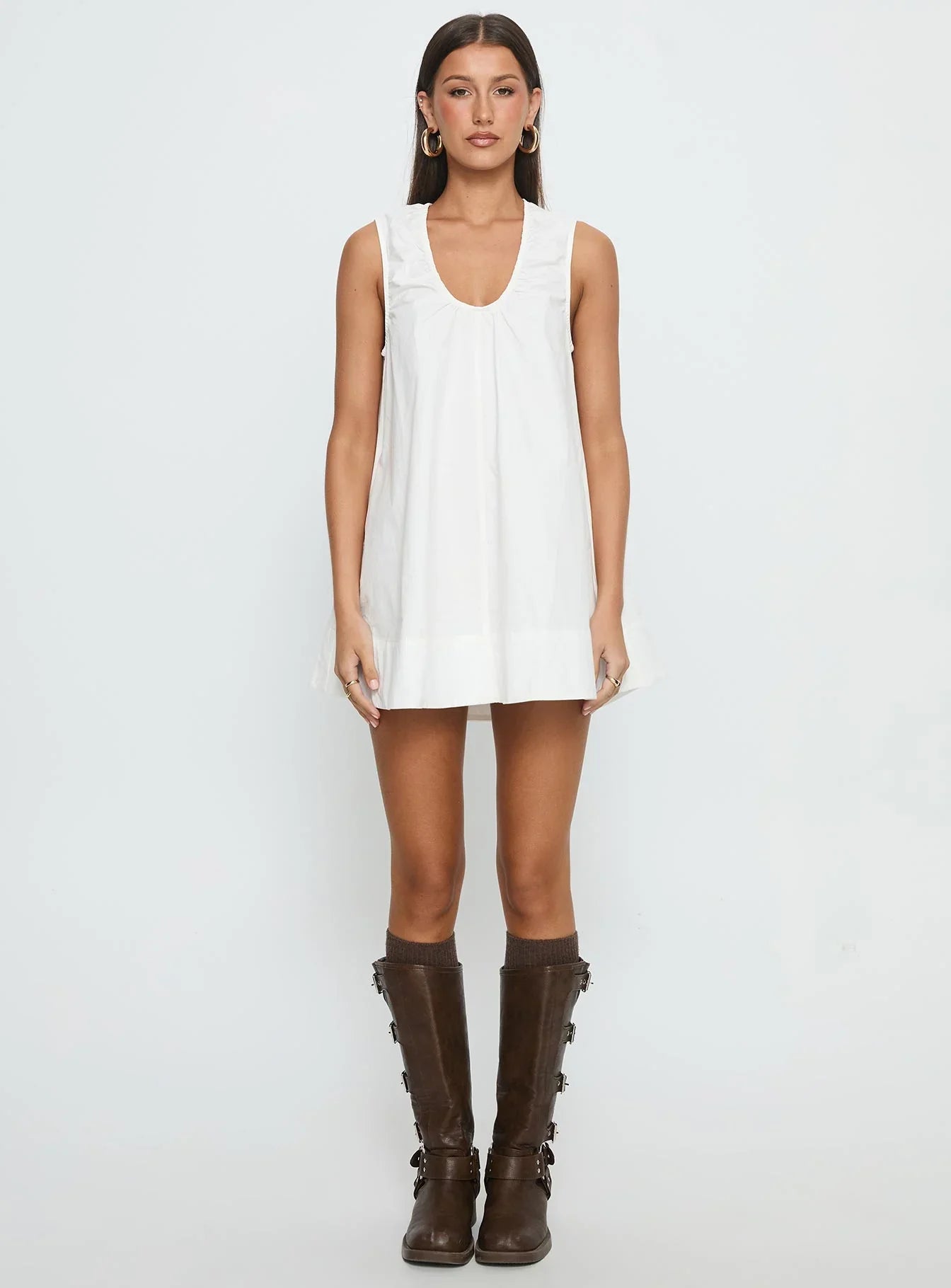 Eberta Ruched Baby Doll Mini Dress White
