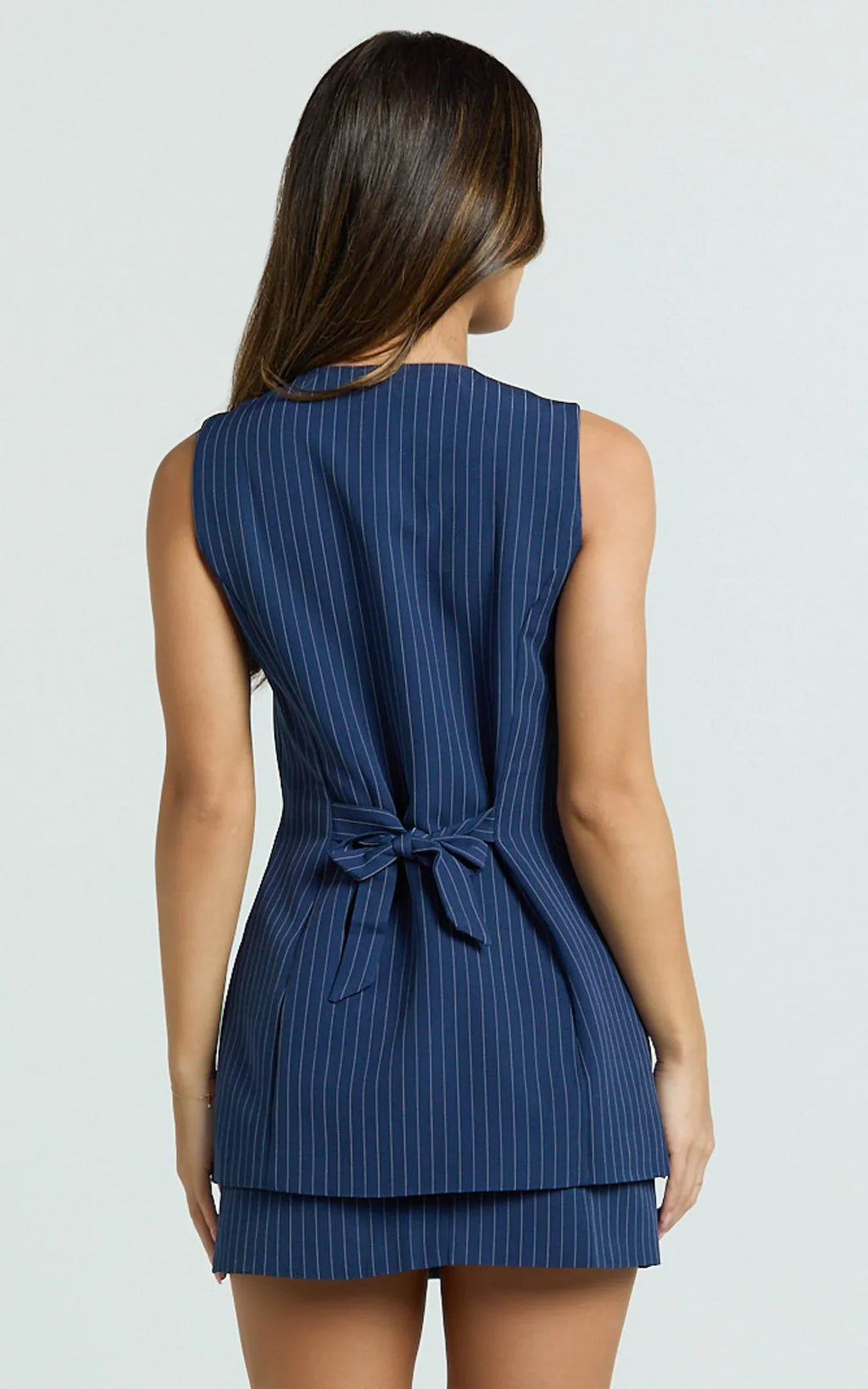 Francine Two Piece Top and Skirt Set - Longline V Neck Top And High Waist Mini Skirt Set in Navy