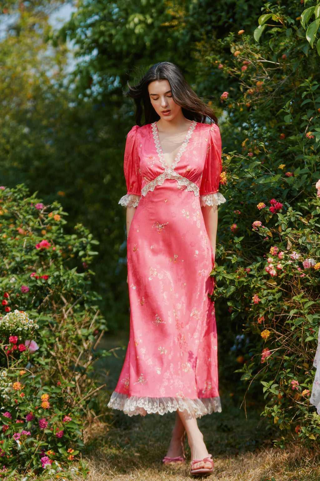 Divia Lace Floral Midi Dress in Red