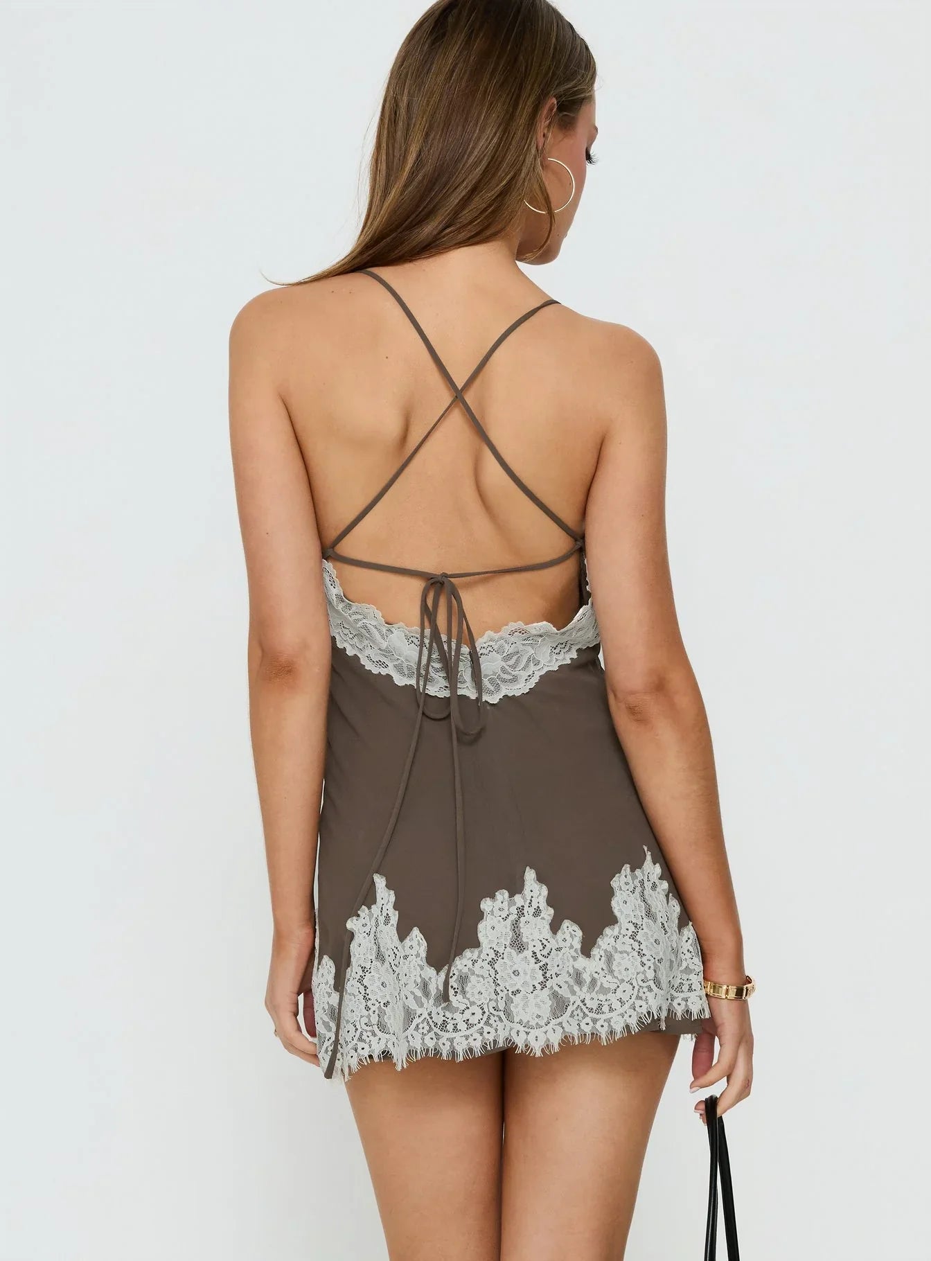 Call My Lover Lace Slip Mini Dress Brown / Cream