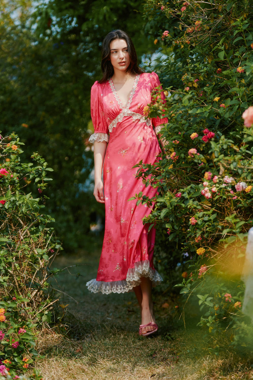 Divia Lace Floral Midi Dress in Red