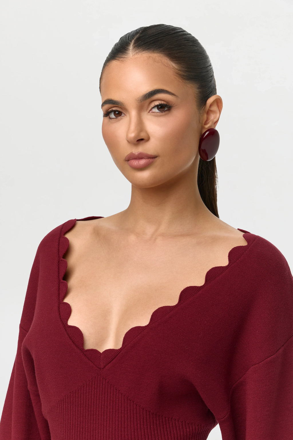 Ribbed-Knit V-Neck Scallop Sweater