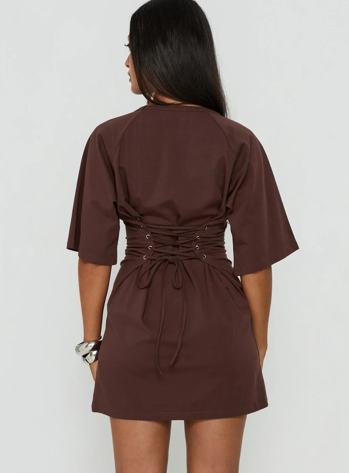 Enzia Raglan Lace Up Mini Dress Brown