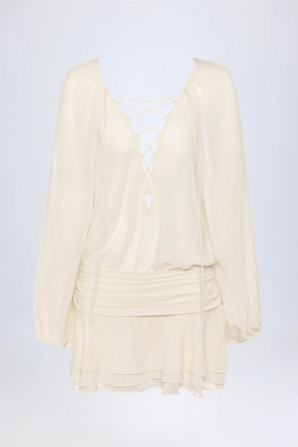 Lace-Up Balloon-Sleeve Mini Dress in Ivory