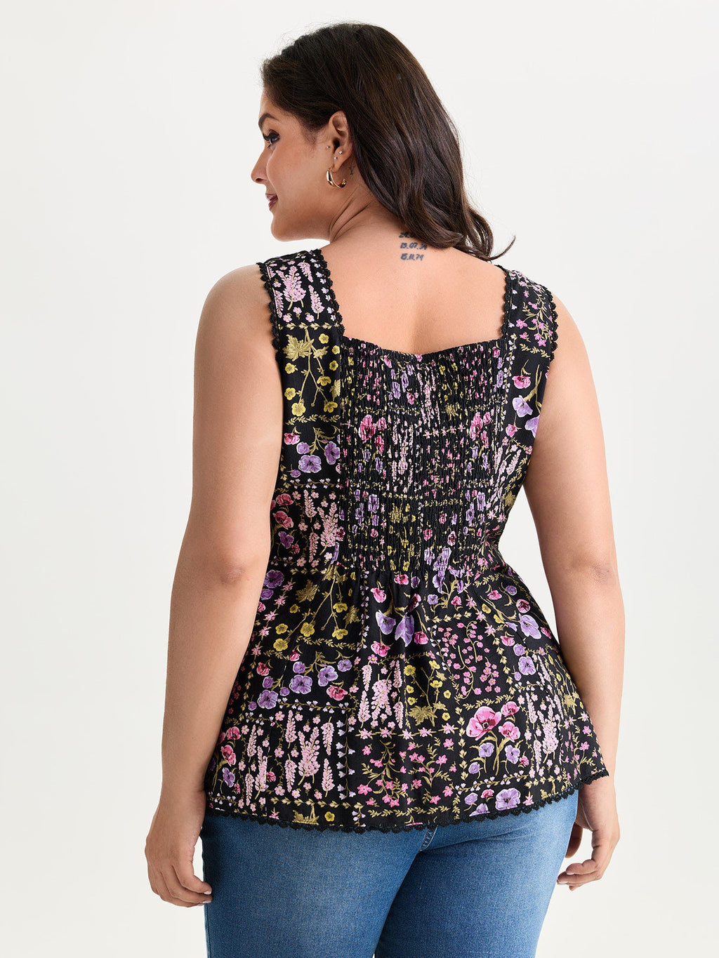 Floral Print Lace Trim Tank Top