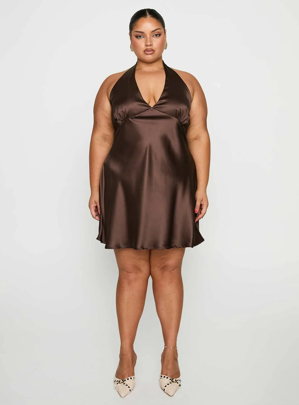 Pelagia Halter Scarf Tie Mini Dress Brown Curve