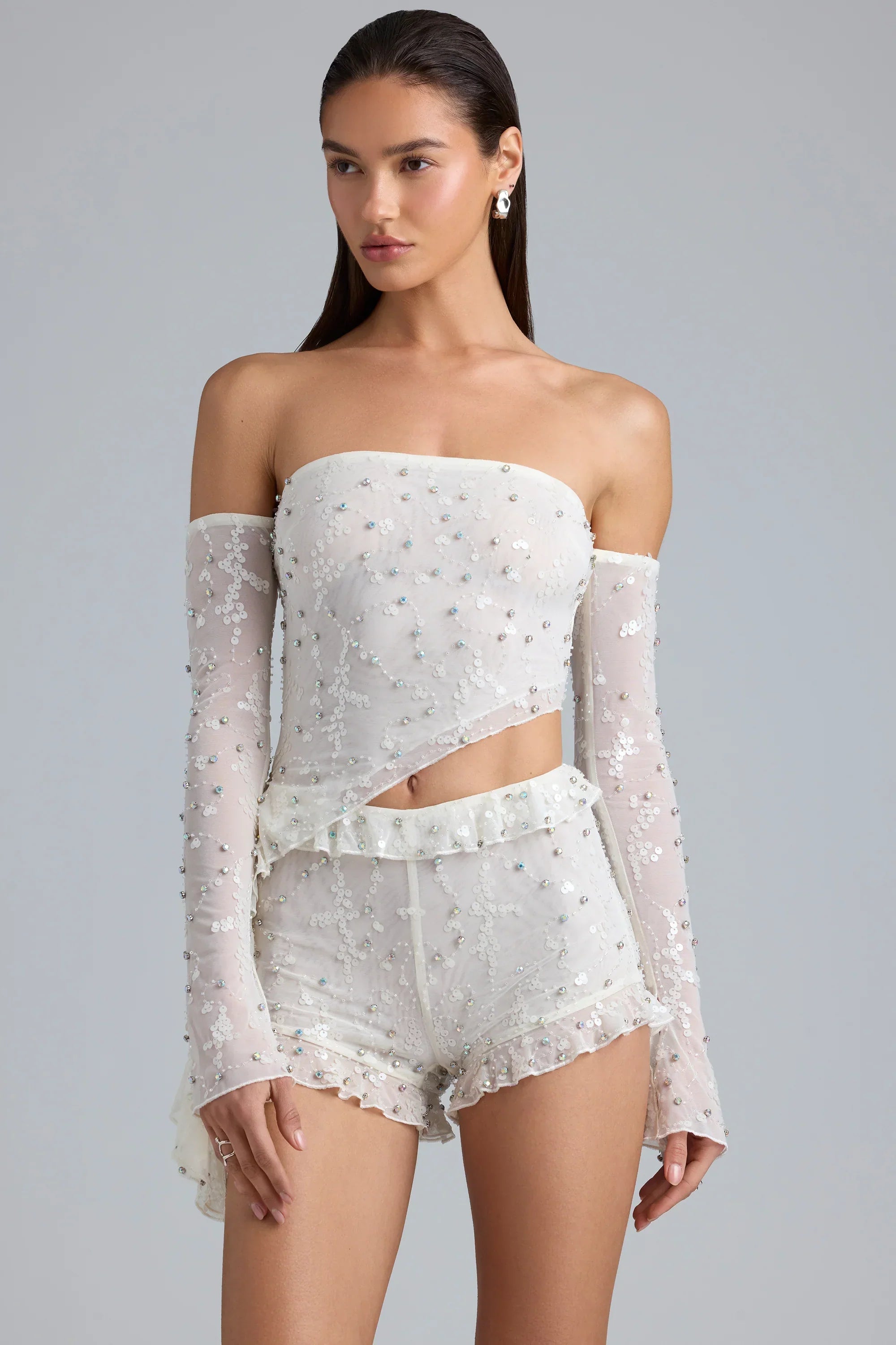 Ruched Ruffle Asymmetric Top in Ivory