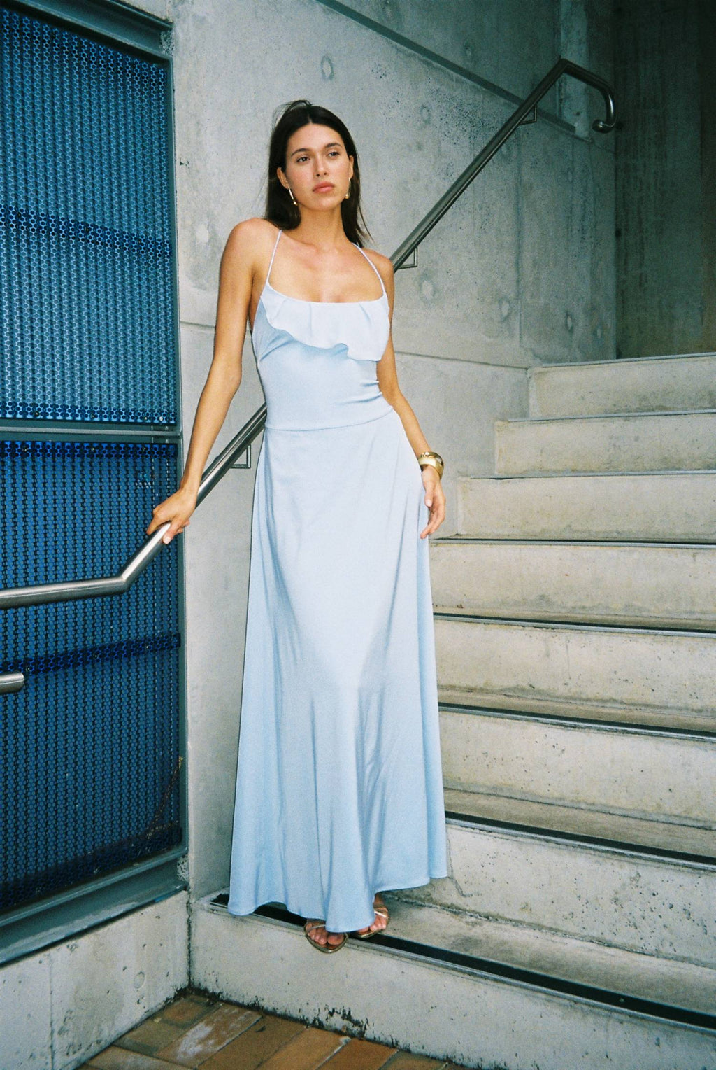 Pre-order: Frill Backless Maxi Dress | Baby Blue Satin