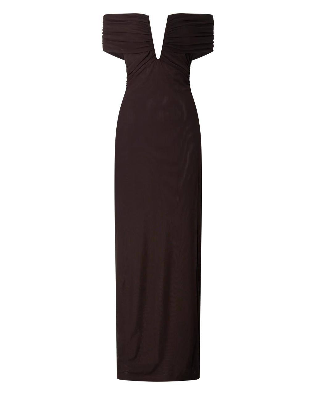 Alessia Maxi Dress - Off Shoulder Ruched Bodycon Dress in Chocolate