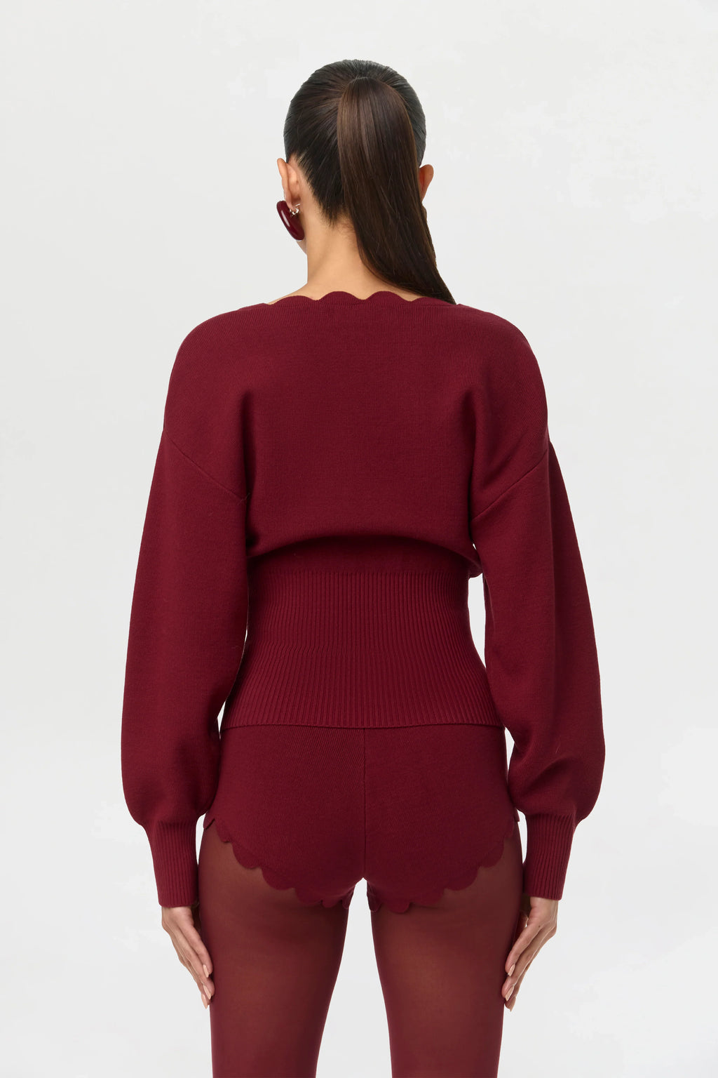 Ribbed-Knit V-Neck Scallop Sweater