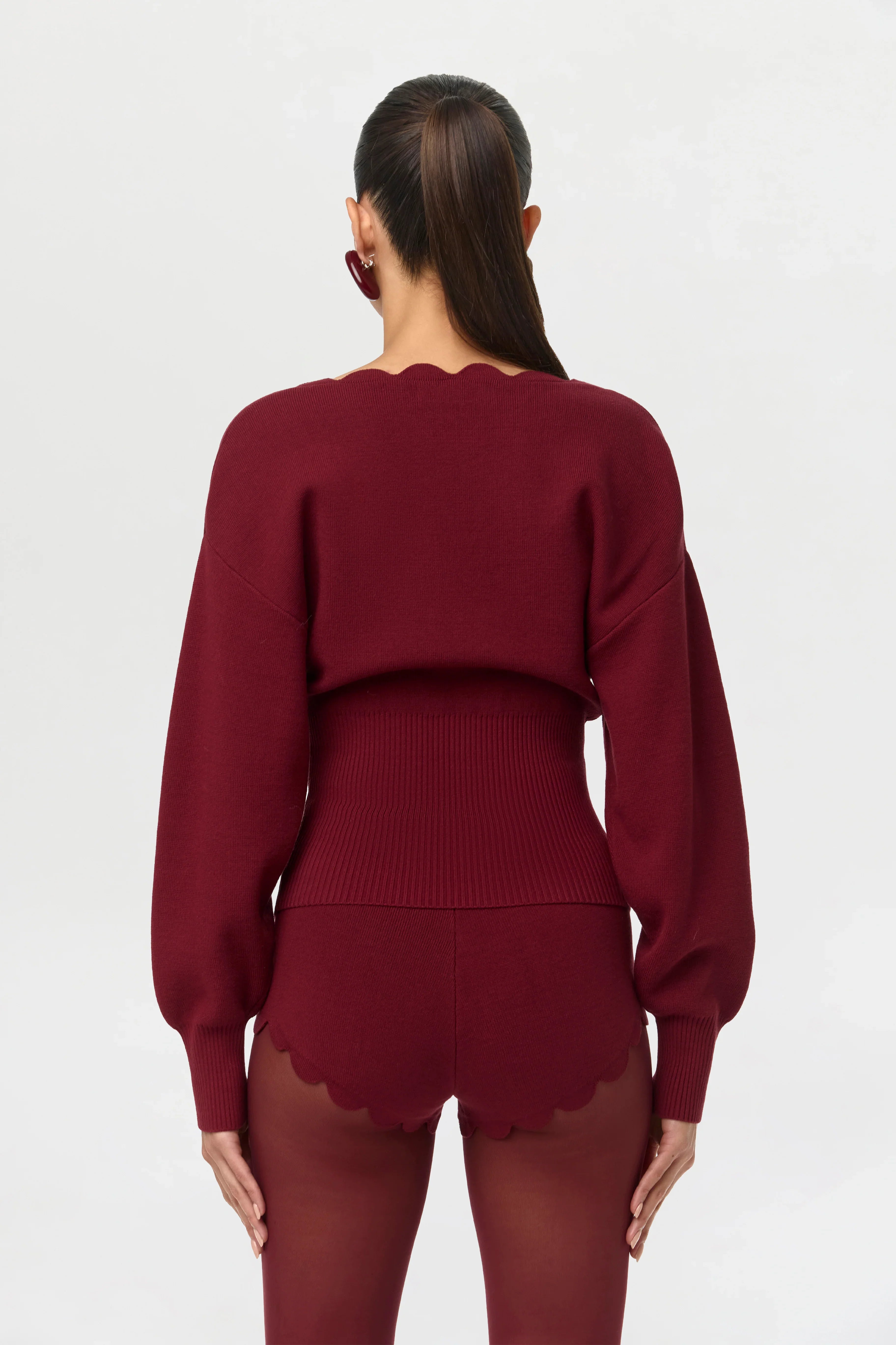Ribbed-Knit V-Neck Scallop Sweater